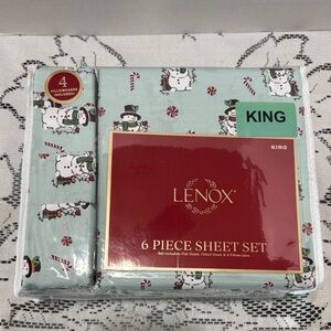 Lenox King Sheet Set Holiday Light Green With Festive Snowman & Candy Canes